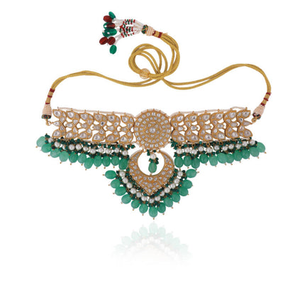 2023 Indian Wedding  Wear Sea Green Beads With White Jadtar Stone Necklace Set