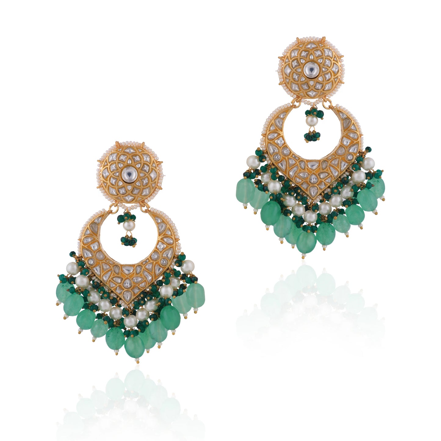 2023 Indian Wedding  Wear Sea Green Beads With White Jadtar Stone Necklace Set