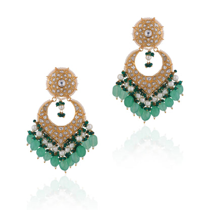 2023 Indian Wedding  Wear Sea Green Beads With White Jadtar Stone Necklace Set