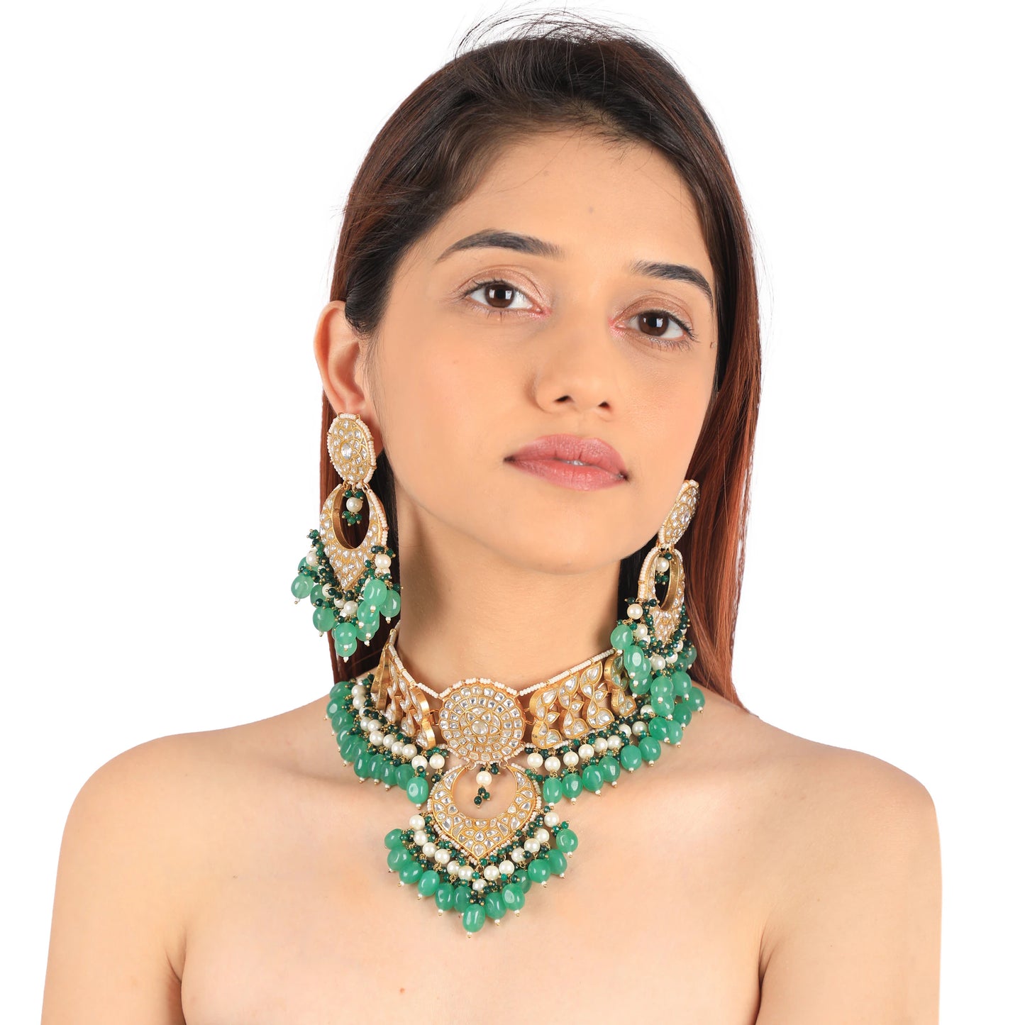2023 Indian Wedding  Wear Sea Green Beads With White Jadtar Stone Necklace Set