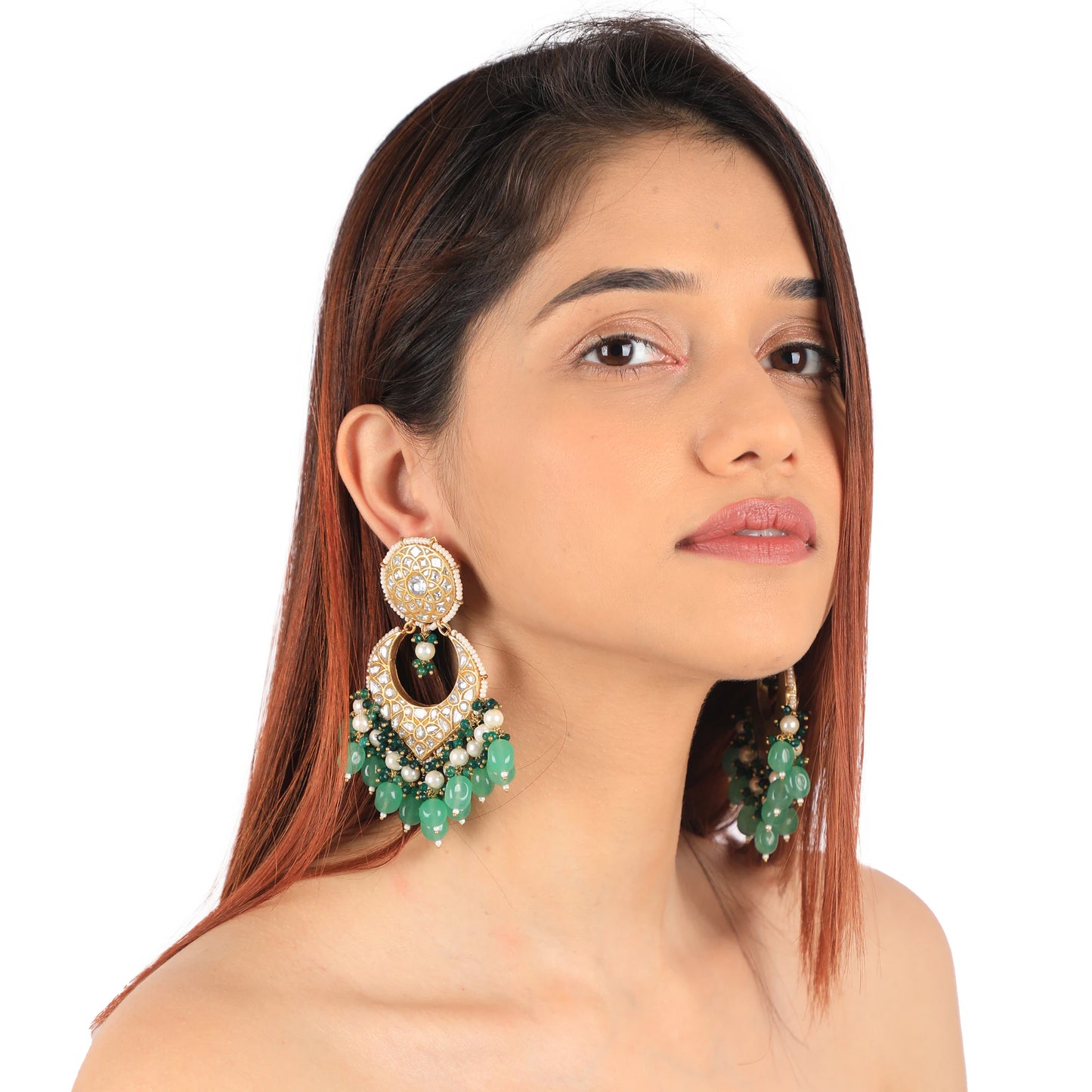2023 Indian Wedding  Wear Sea Green Beads With White Jadtar Stone Necklace Set