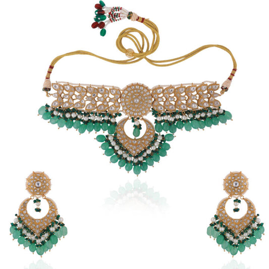 2023 Indian Wedding  Wear Sea Green Beads With White Jadtar Stone Necklace Set