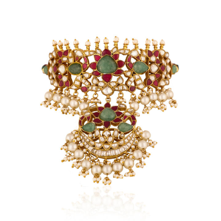 Gold Finish Pink & Green Jadau Choker Set With White Pearl