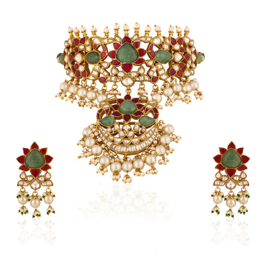 Gold Finish Pink & Green Jadau Choker Set With White Pearl