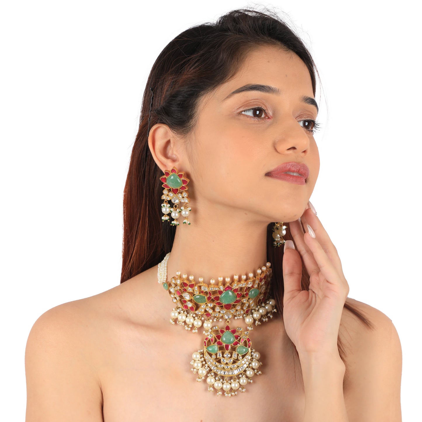Gold Finish Pink & Green Jadau Choker Set With White Pearl