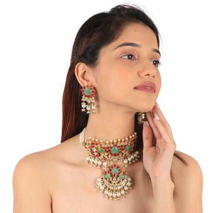 Gold Finish Pink & Green Jadau Choker Set With White Pearl