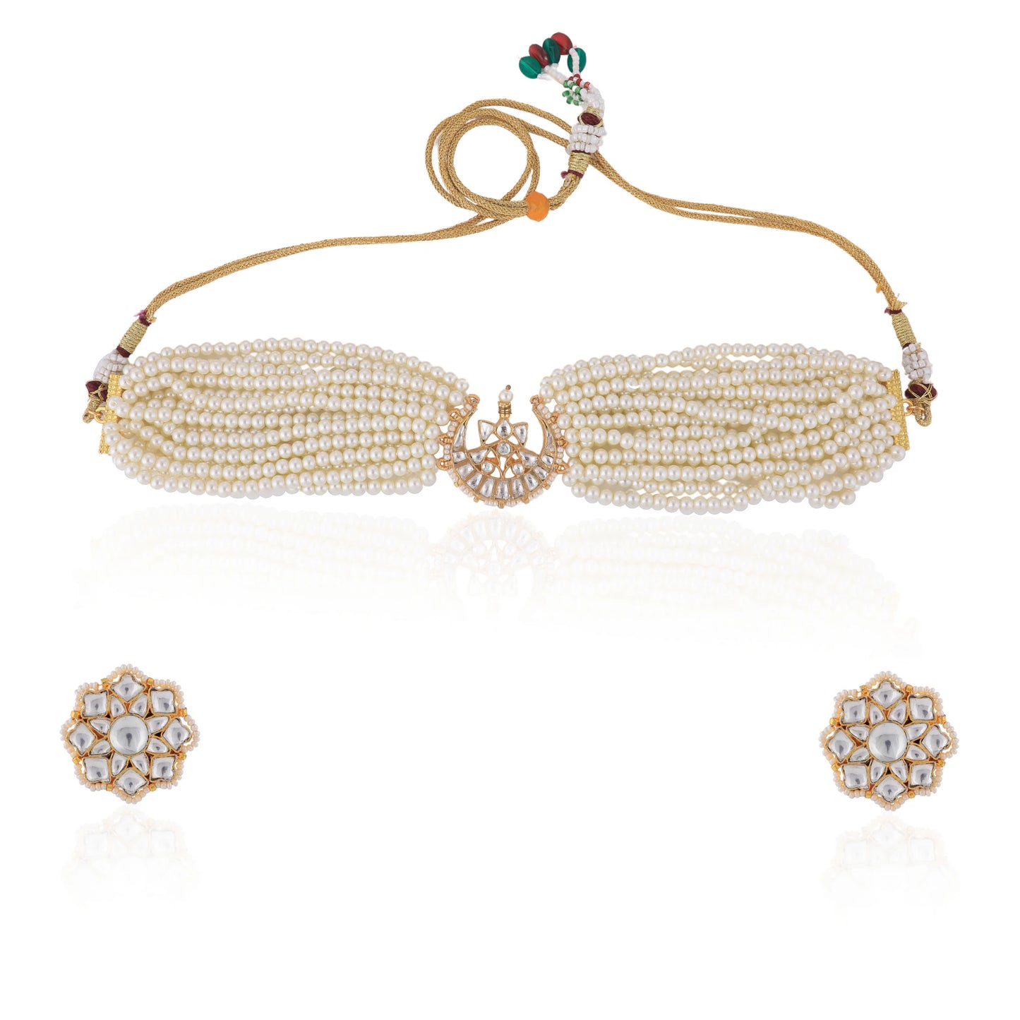 Half Moon White Pearl Jadtar Choker With Floral Studs