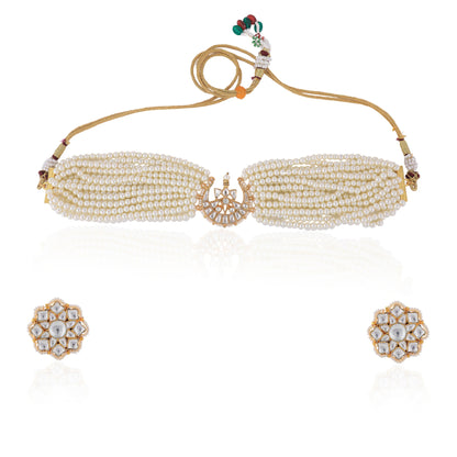 Half Moon White Pearl Jadtar Choker With Floral Studs