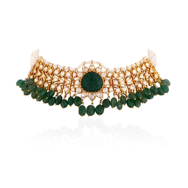 Emerald Green Beads And White Stone Pure Silver Choker Set