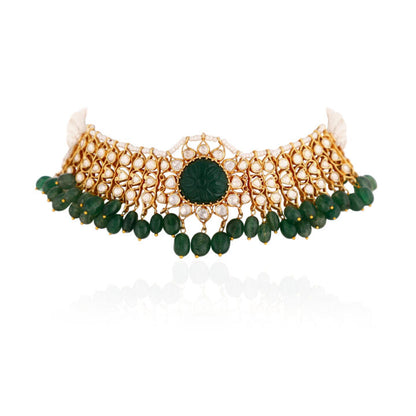 Emerald Green Beads And White Stone Pure Silver Choker Set