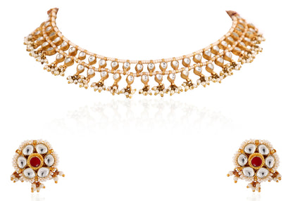 White Hangings Choker Set With Floral Studs