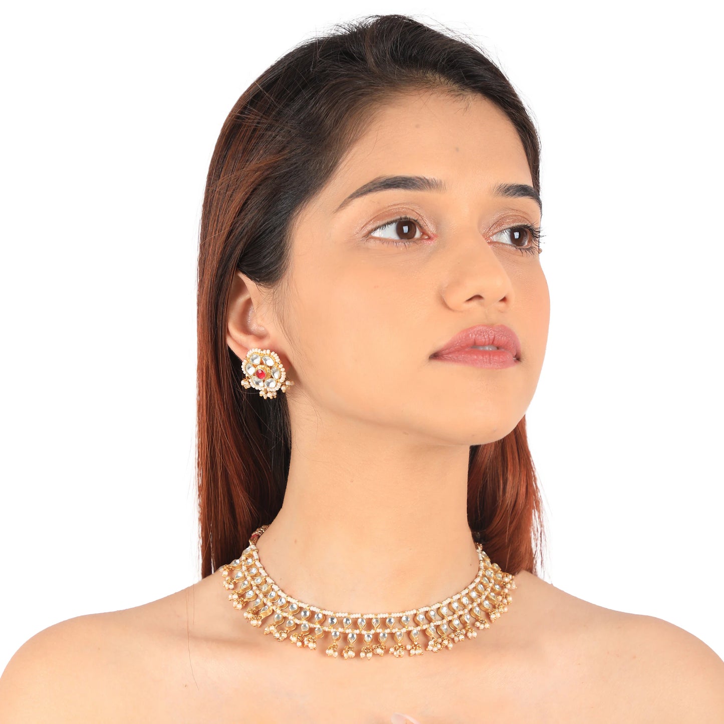 White Hangings Choker Set With Floral Studs