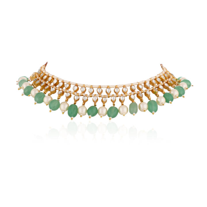 Indian Traditional Wear Sea Green Beads With White Pearl Choker Set