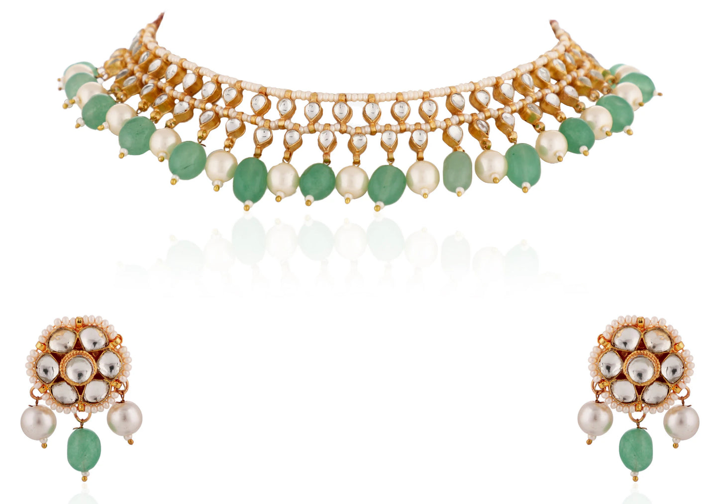 Indian Traditional Wear Sea Green Beads With White Pearl Choker Set