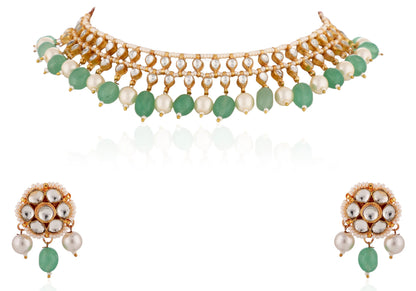 Indian Traditional Wear Sea Green Beads With White Pearl Choker Set