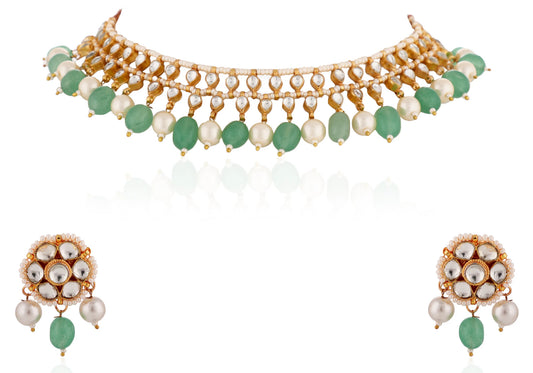 Indian Traditional Wear Sea Green Beads With White Pearl Choker Set