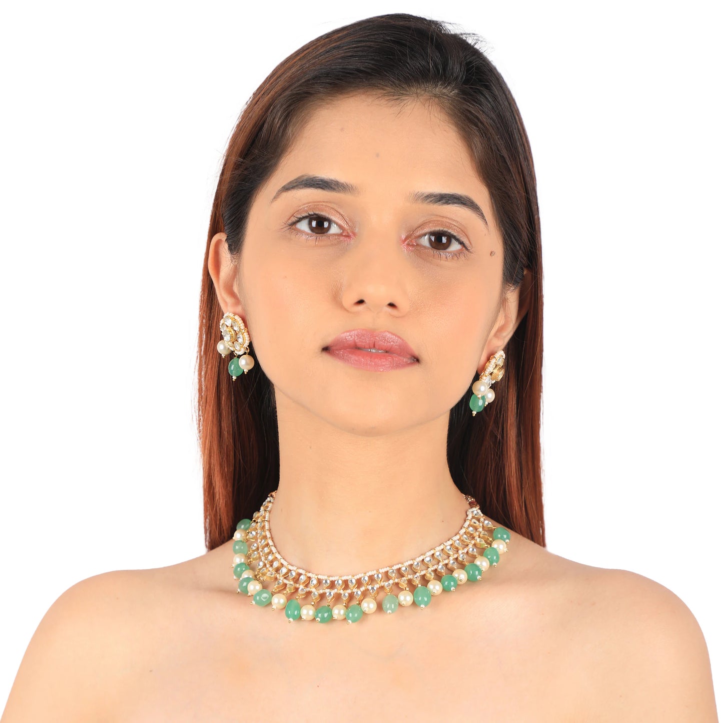 Indian Traditional Wear Sea Green Beads With White Pearl Choker Set