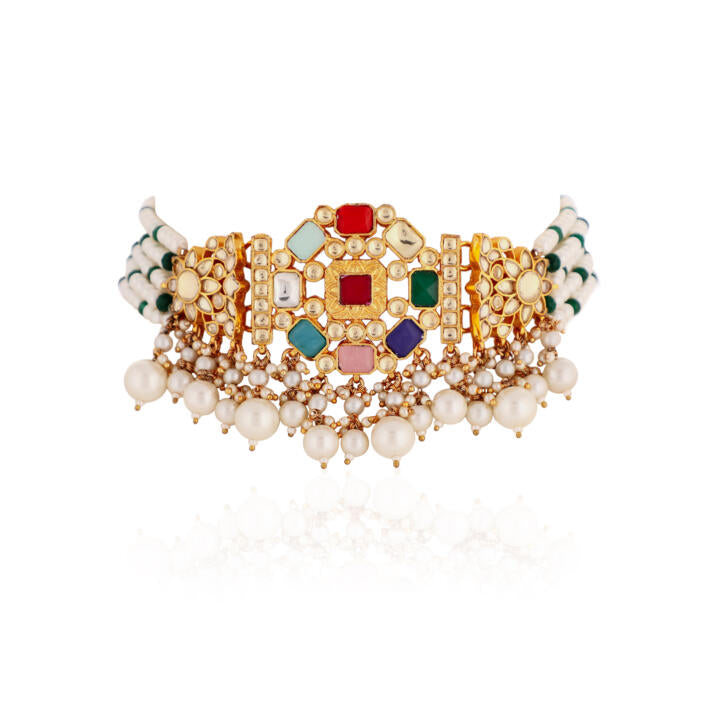 Gold Finish Jadtar Navratna Choker Set With Jhumki