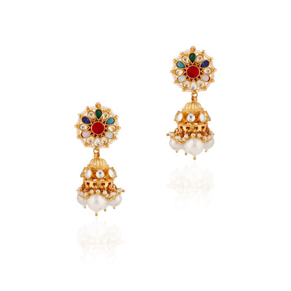 Gold Finish Jadtar Navratna Choker Set With Jhumki