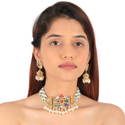 Gold Finish Jadtar Navratna Choker Set With Jhumki