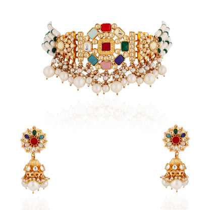 Gold Finish Jadtar Navratna Choker Set With Jhumki