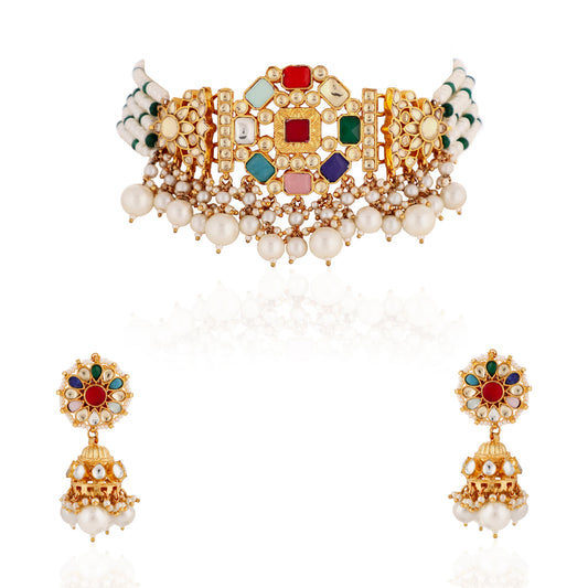 Gold Finish Jadtar Navratna Choker Set With Jhumki