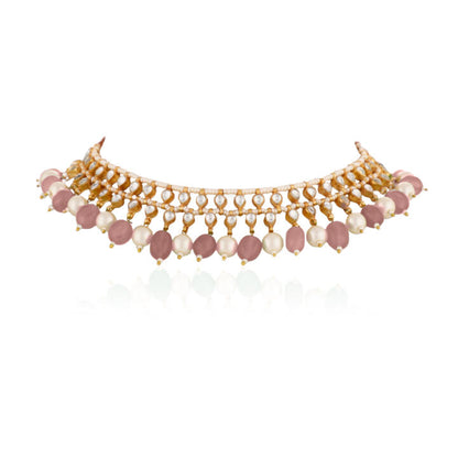 Pastel Pink Beads With White Pearl Jadtar Stone Choker Set