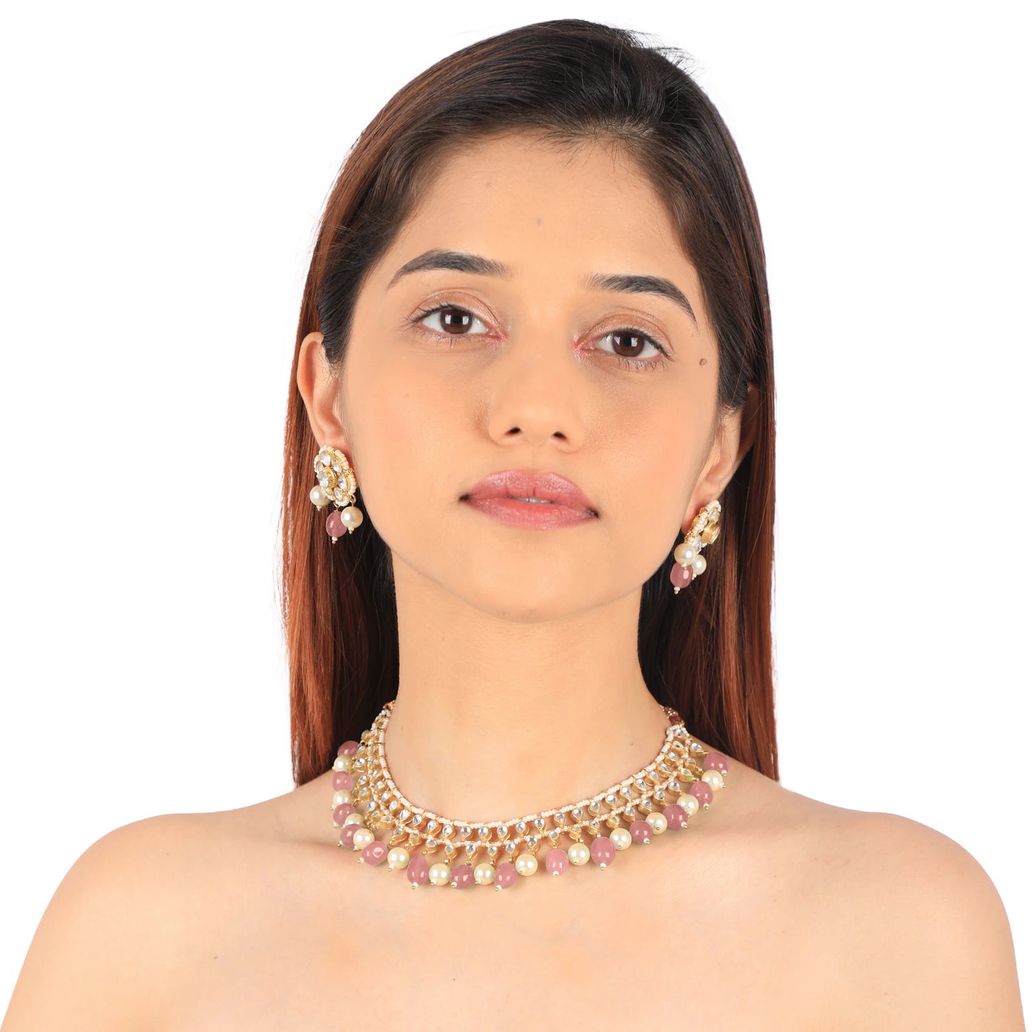 Pastel Pink Beads With White Pearl Jadtar Stone Choker Set