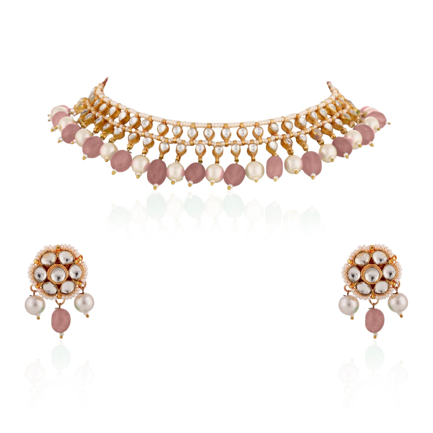 Pastel Pink Beads With White Pearl Jadtar Stone Choker Set