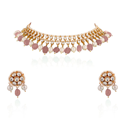 Pastel Pink Beads With White Pearl Jadtar Stone Choker Set