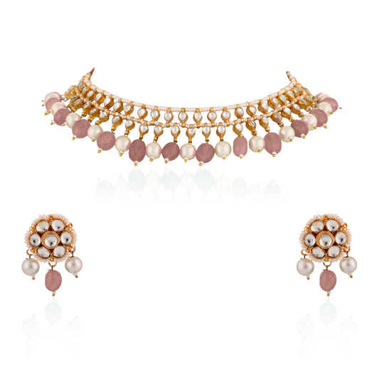 Pastel Pink Beads With White Pearl Jadtar Stone Choker Set