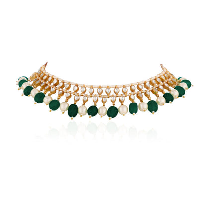 Green Beads With White Pearl Jadtar Stone Choker Set