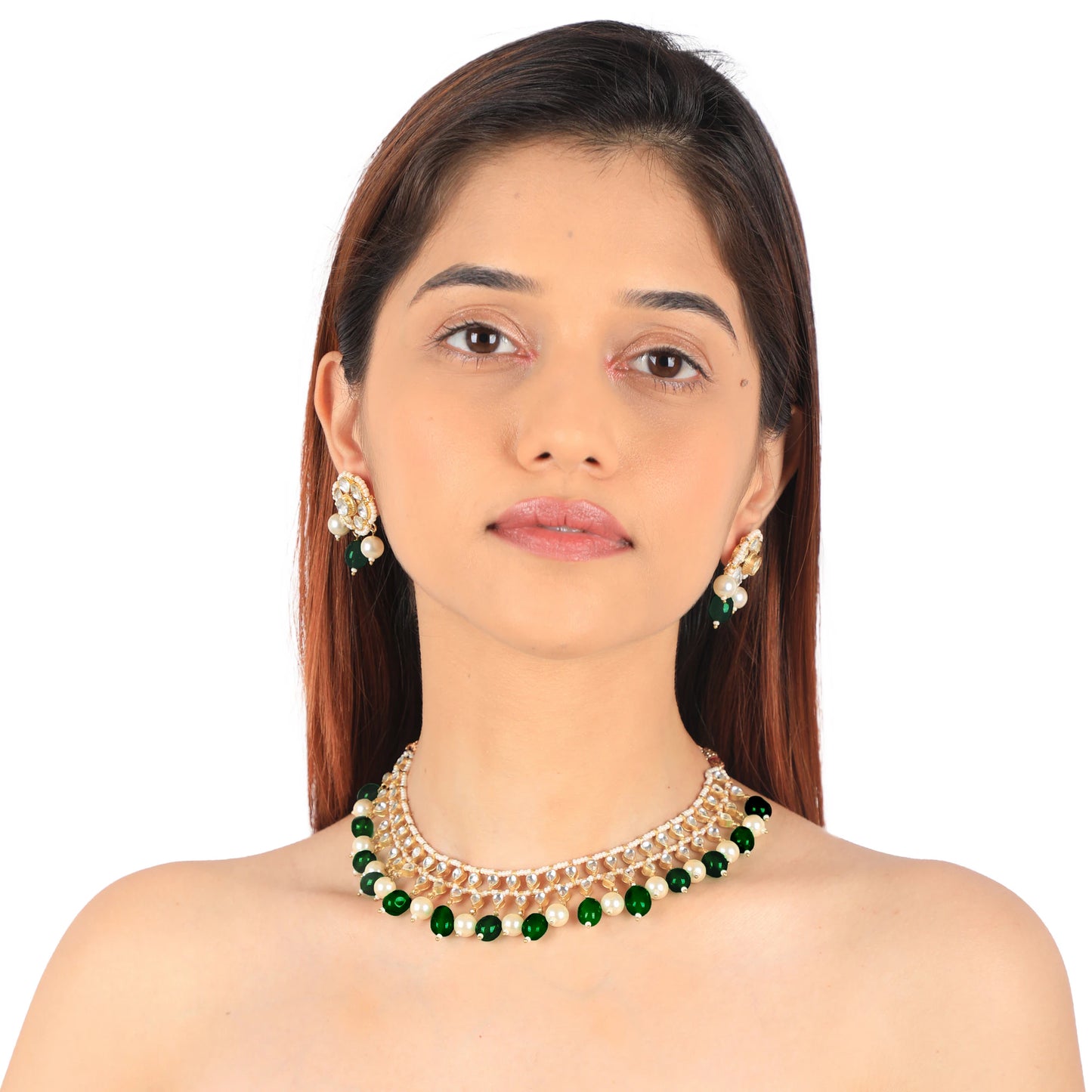 Green Beads With White Pearl Jadtar Stone Choker Set