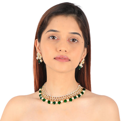 Green Beads With White Pearl Jadtar Stone Choker Set