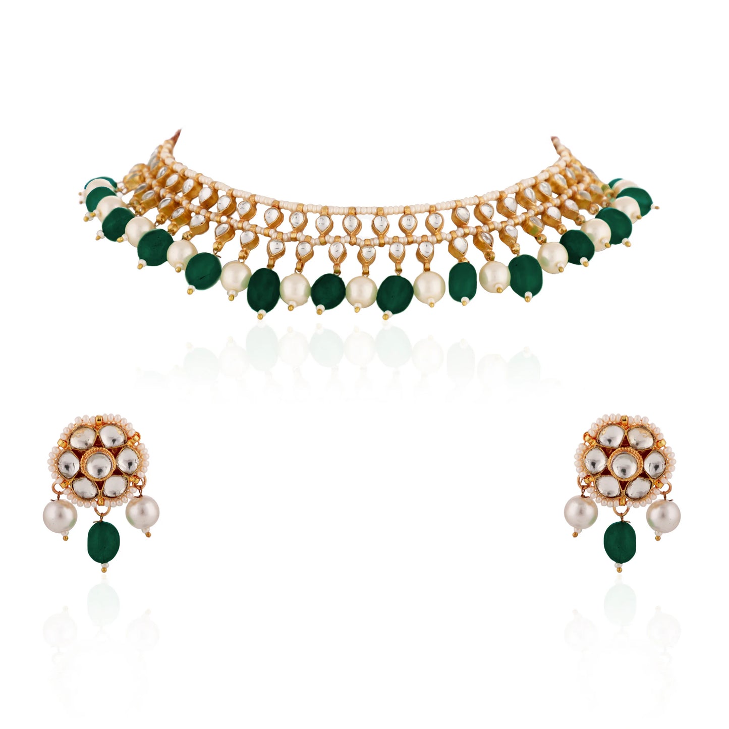 Green Beads With White Pearl Jadtar Stone Choker Set