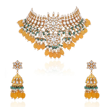 Yellow Beads With Sea Green Hangings White Jadtar Necklace Set /Mehendi Wear/Sangeet Wear Jewellery