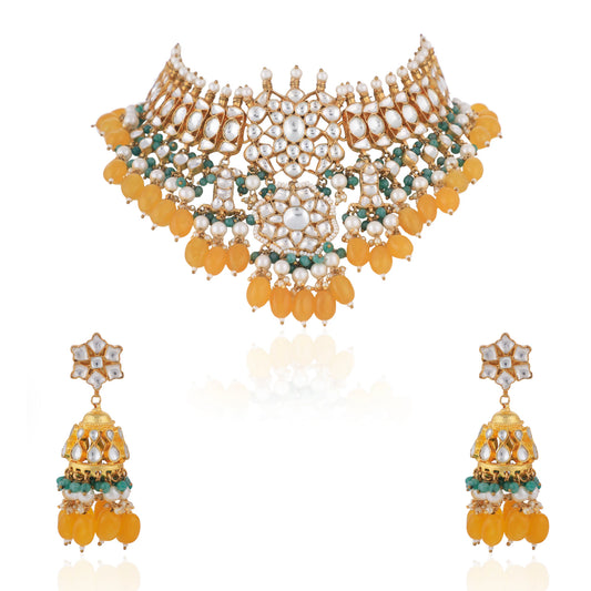Yellow Beads With Sea Green Hangings White Jadtar Necklace Set /Mehendi Wear/Sangeet Wear Jewellery