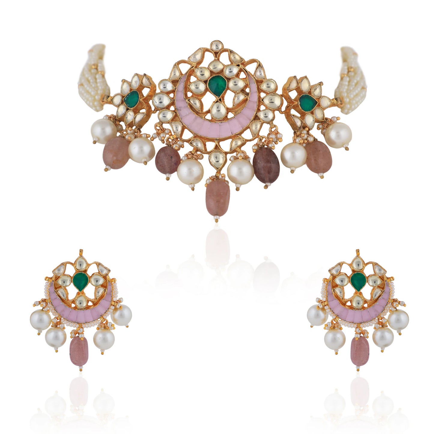 White Beaded Choker With Light Pink Stone Earrings