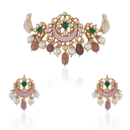 White Beaded Choker With Light Pink Stone Earrings