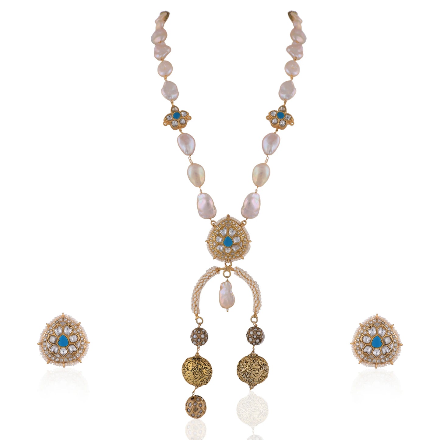 Baroque Pearl & Nepalese Beads Firozi White Jadtar Stone Long Necklace With Studs