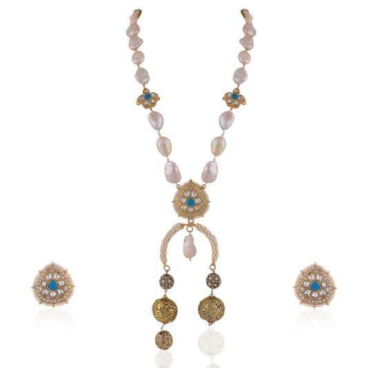 Baroque Pearl & Nepalese Beads Firozi White Jadtar Stone Long Necklace With Studs