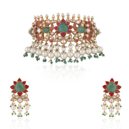 Gold Finish Multicolored Choker Set With White Pearl