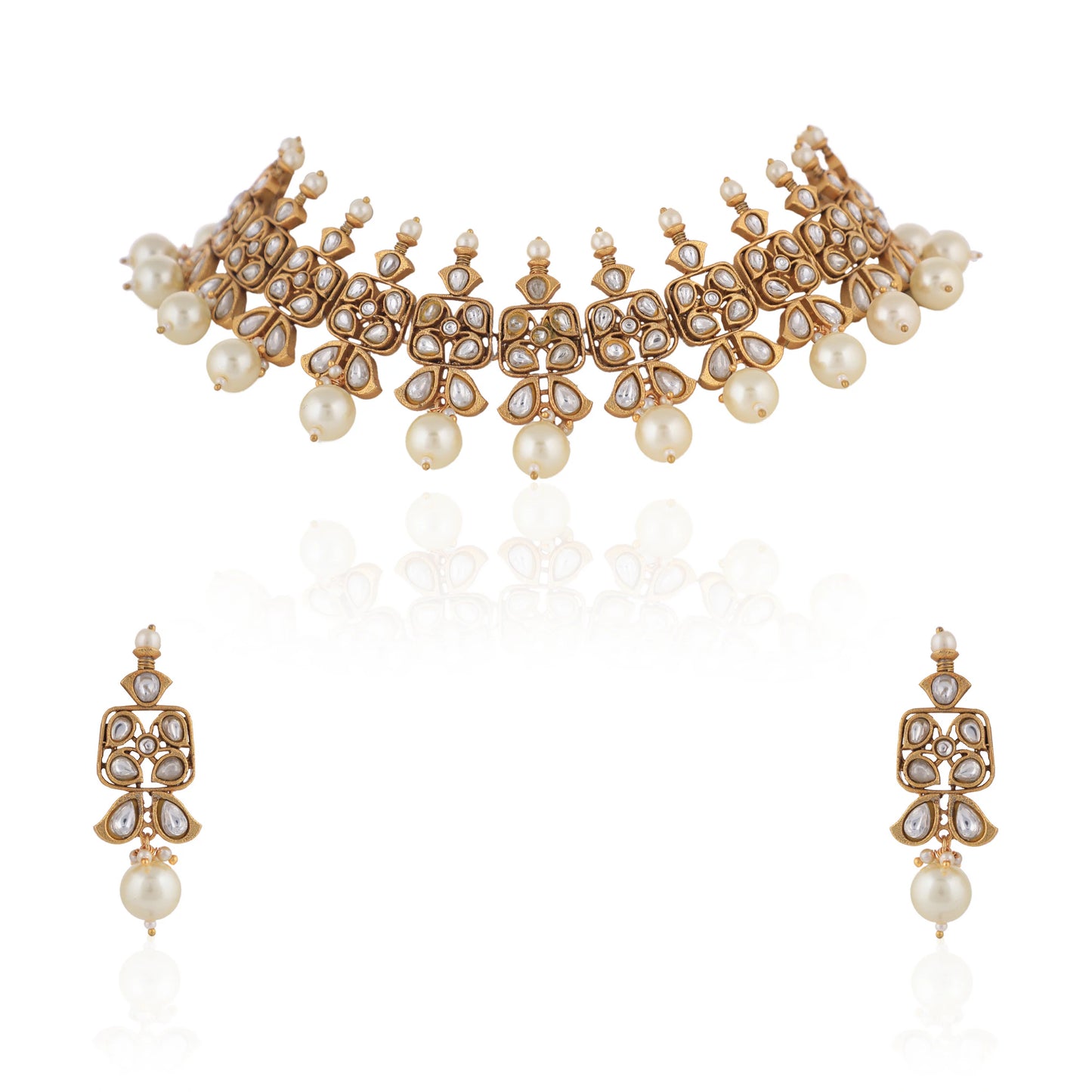 Off White Pearl Jadtar Choker Set