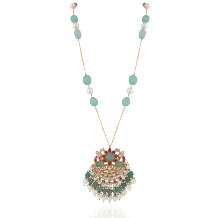 22Kt Gold Plated Pink -Sea Green Pendant Carved Melons With Sea Green Emerald Beads With White Pearl Long Necklce With Earrings