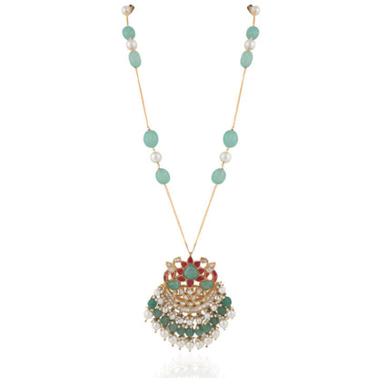 22Kt Gold Plated Pink -Sea Green Pendant Carved Melons With Sea Green Emerald Beads With White Pearl Long Necklce With Earrings