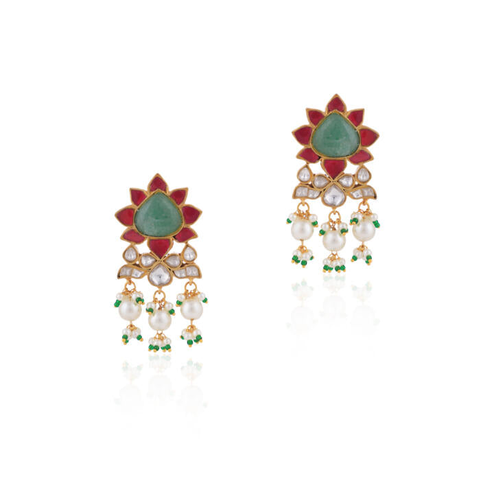 22Kt Gold Plated Pink -Sea Green Pendant Carved Melons With Sea Green Emerald Beads With White Pearl Long Necklce With Earrings