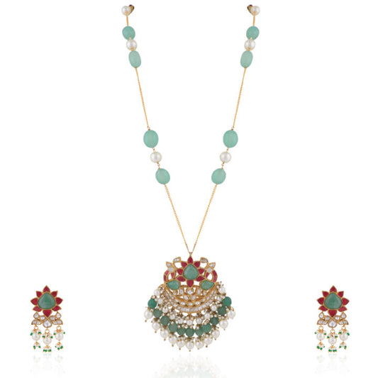 22Kt Gold Plated Pink -Sea Green Pendant Carved Melons With Sea Green Emerald Beads With White Pearl Long Necklce With Earrings