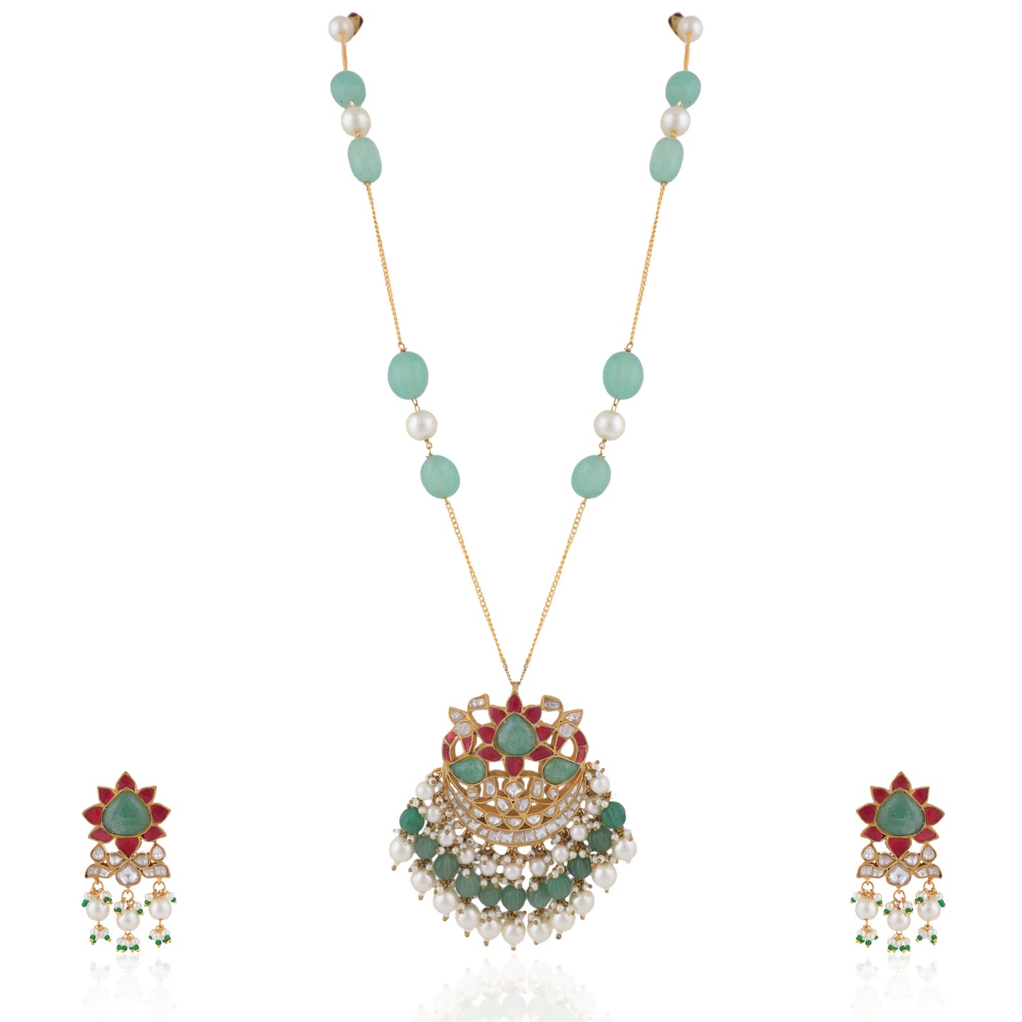 22Kt Gold Plated Pink -Sea Green Pendant Carved Melons With Sea Green Emerald Beads With White Pearl Long Necklce With Earrings
