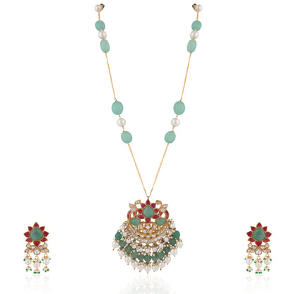 22Kt Gold Plated Pink -Sea Green Pendant Carved Melons With Sea Green Emerald Beads With White Pearl Long Necklce With Earrings