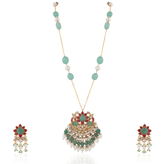 22Kt Gold Plated Pink -Sea Green Pendant Carved Melons With Sea Green Emerald Beads With White Pearl Long Necklce With Earrings